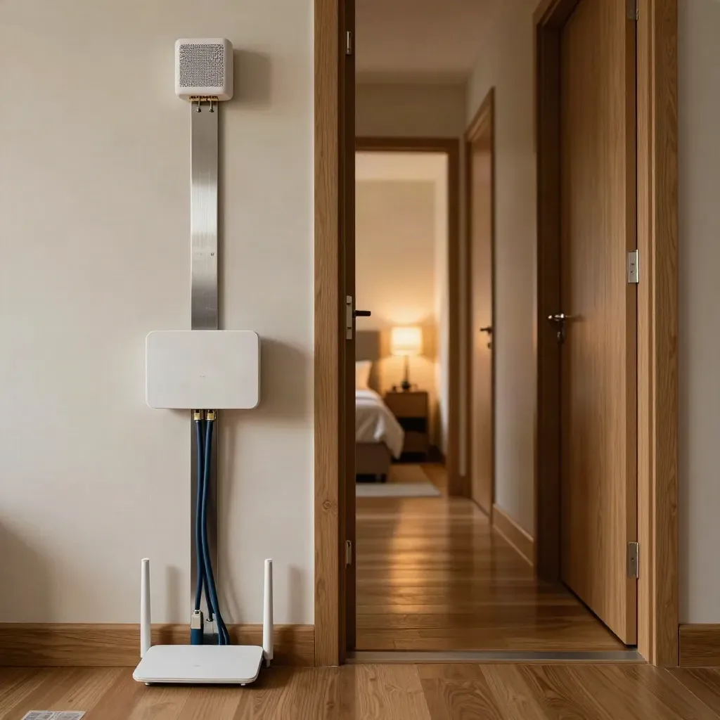 Router, Mesh-Node und sauberer Kabelweg im Apartmentflur mit warmem Licht