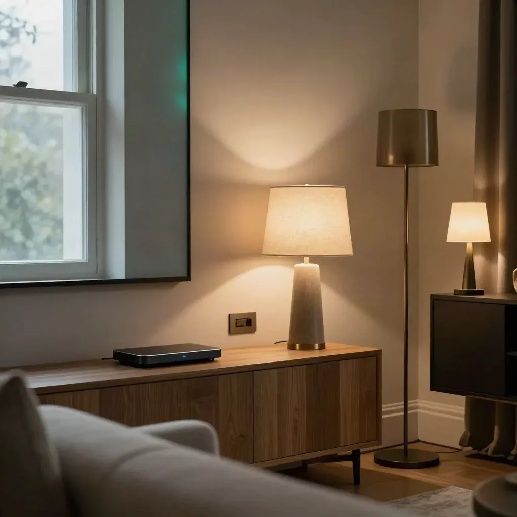 Smartes Wohnzimmer mit Leuchten, Wandsteuerung und Hub in warmem Abendlicht.