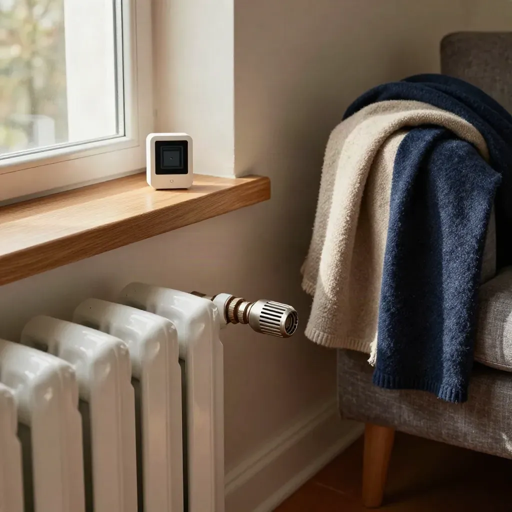 Heizkörper mit smartem Thermostatventil, Raumfühler und Wolldecke im warmen Wohnzimmerlicht.