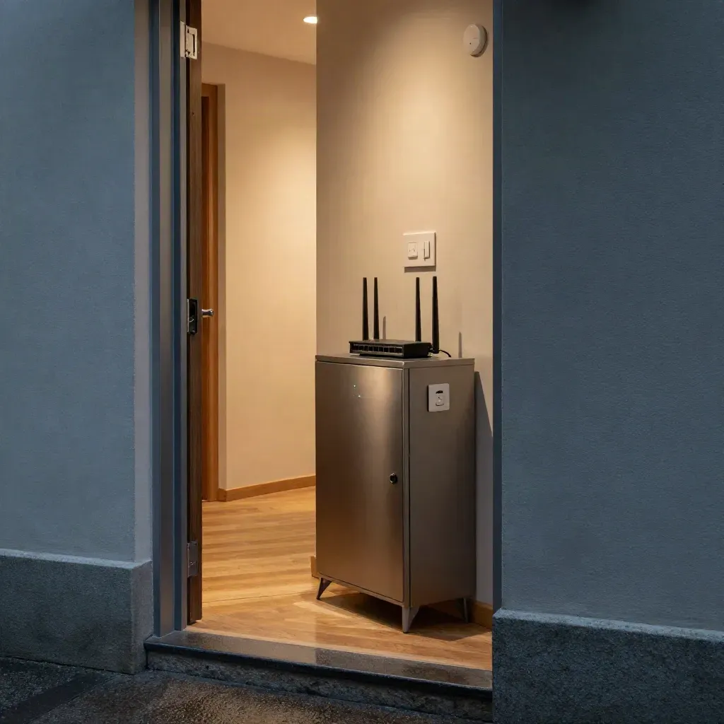 Berliner Smart-Home-Netzwerkschrank im Treppenhaus nach Regen, mit Router, Mesh-Node und warmem Licht