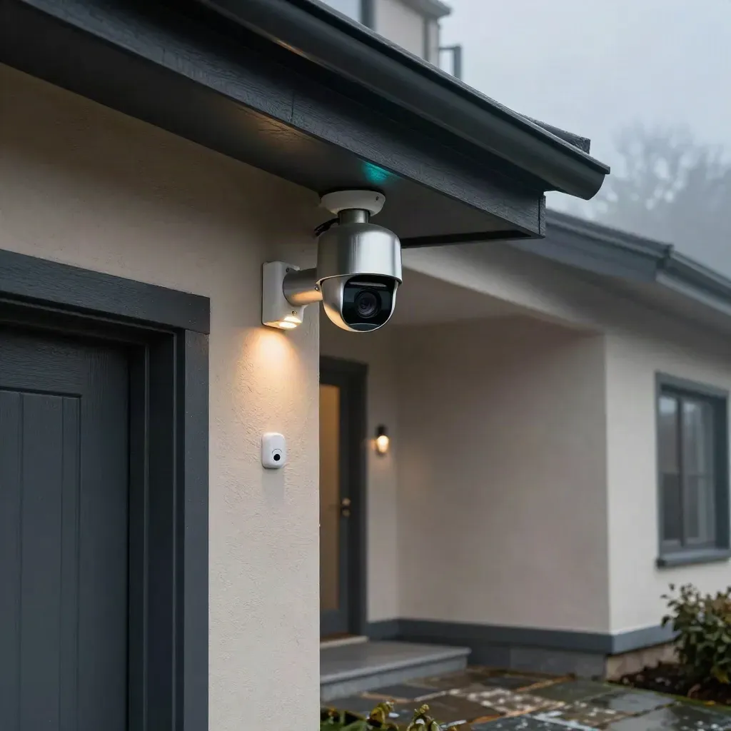 Hausfassade mit Kamera, Türsensor und eingeschaltetem Eingangslicht im Abenddunst