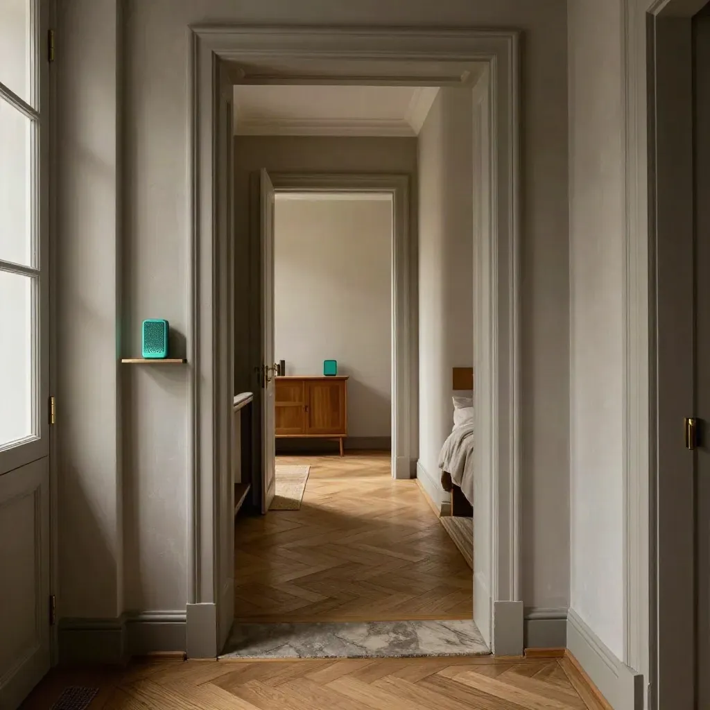 Altbau-Flur mit drei Mesh-Knoten, Teal-Glows und warmem Nachmittagslicht
