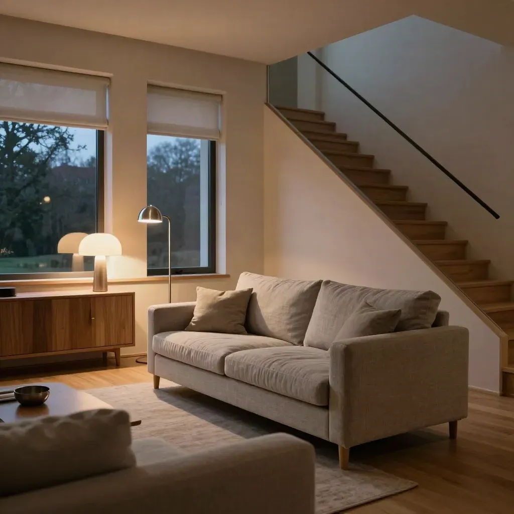 Abendliches Reihenhaus-Wohnzimmer mit smartem Licht, halb gelassenen Rollläden und Treppenhaus.