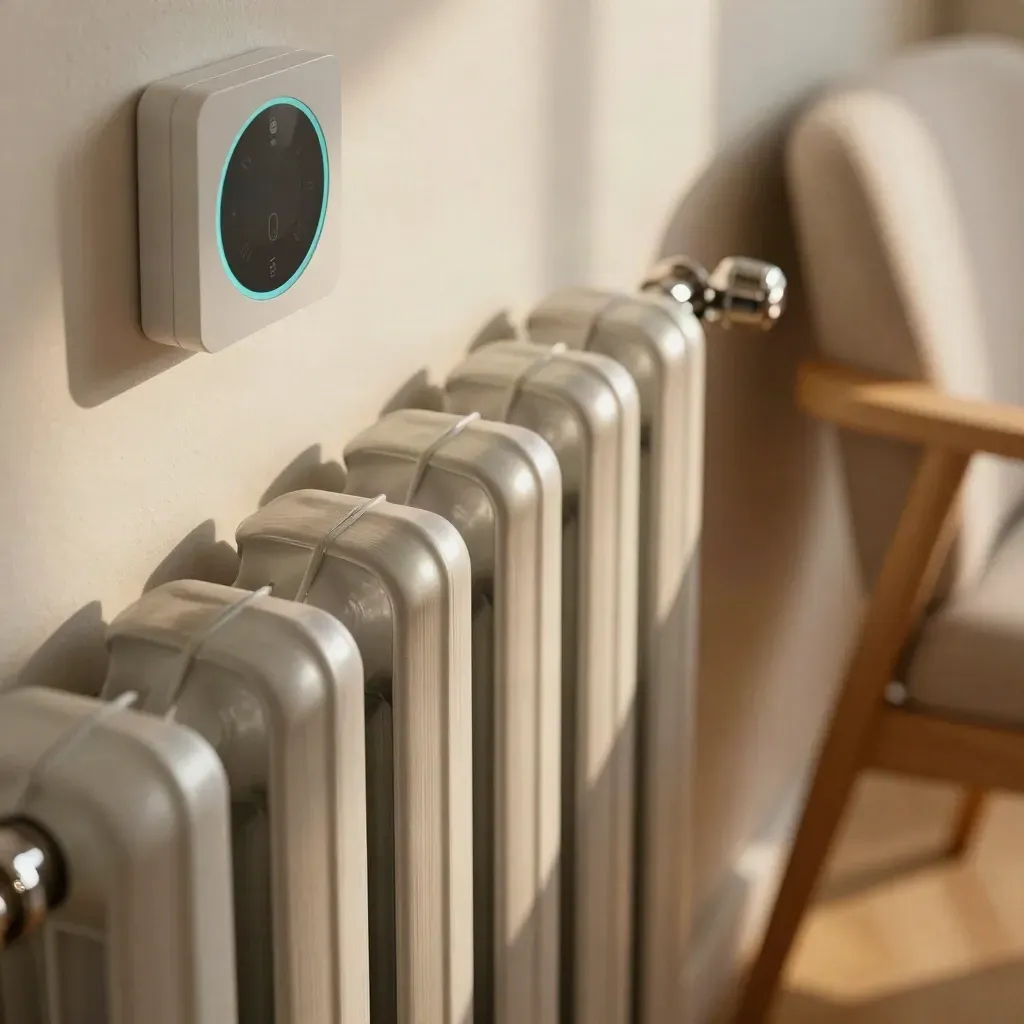 Warmer Praxisraum mit Heizkörper, Smart-Thermostat und leeren Stühlen im Morgenlicht.