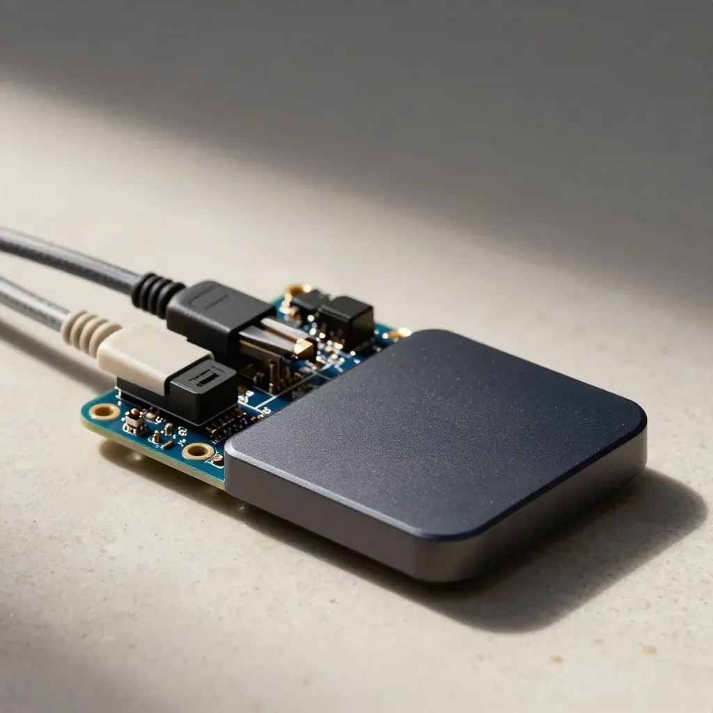 Makro von Smart-Home-Hub, Patchkabel und Sensorschalen auf Travertin.