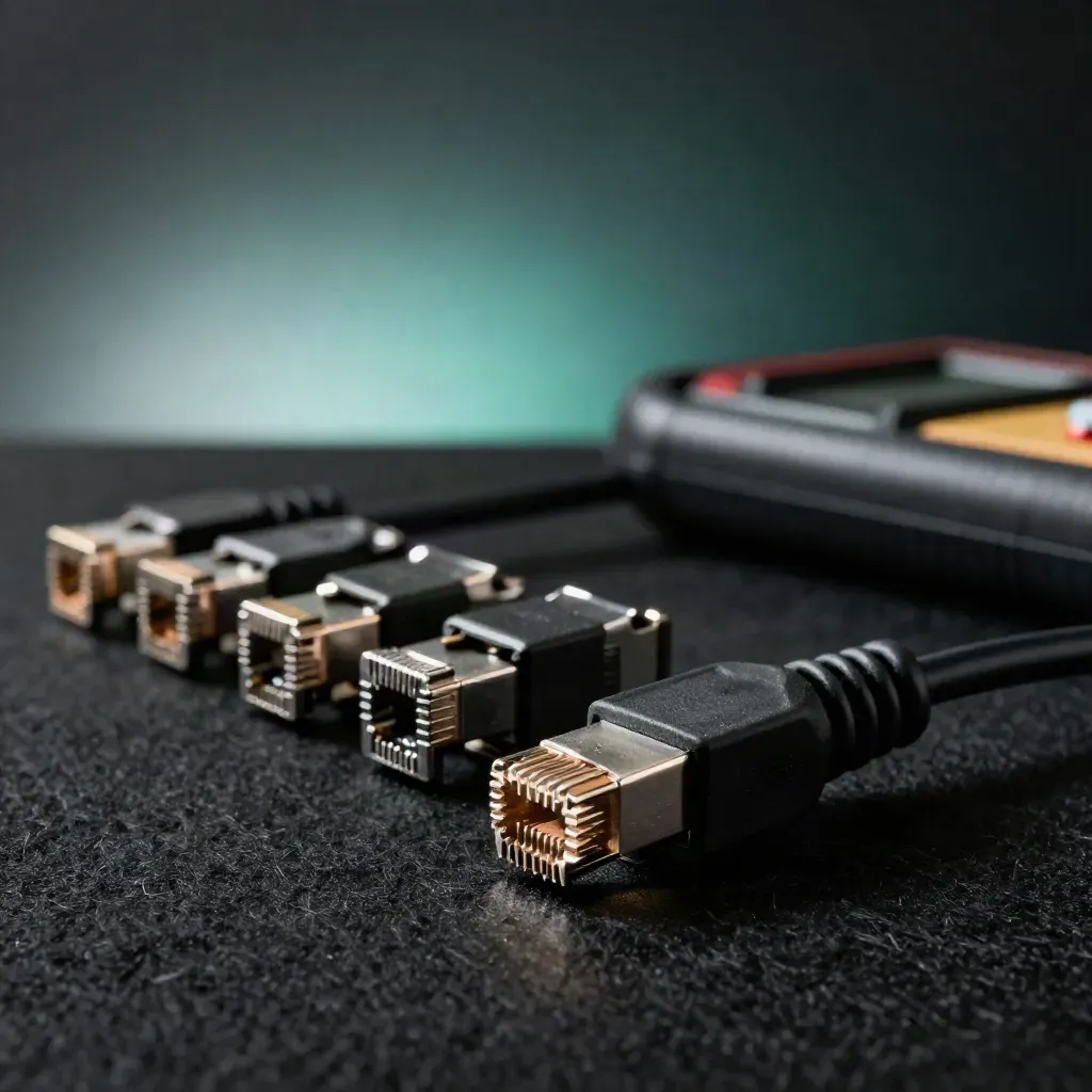 RJ45-Stecker, Netzwerktester und Ethernetkabel auf schwarzem Filz im dramatischen Licht