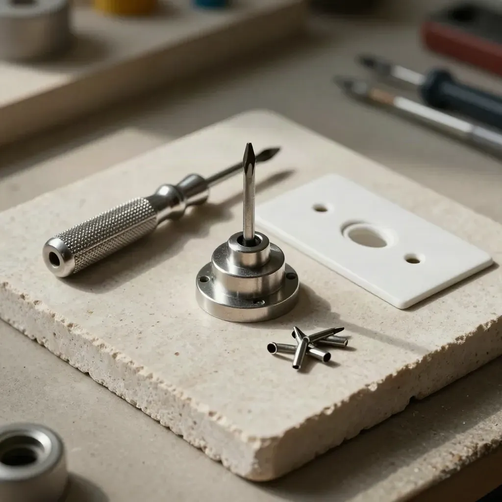 Smart-Home-Montagematerial auf hellem Stein, von oben fotografiert.