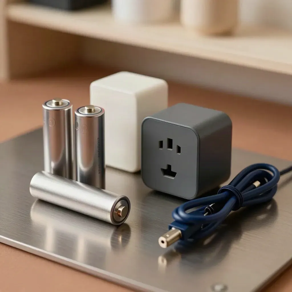 Smart-Home-Servicekit mit Akkus, Reset-Pin, Smart Plug und Kabel auf gebürstetem Metall.