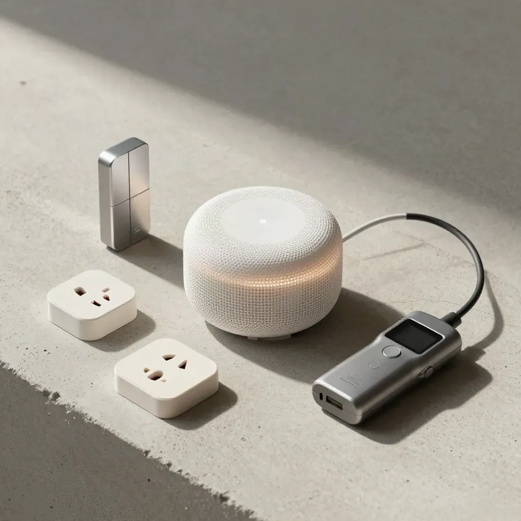 Mesh-Node, Türsensor, Smart-Plug und Signaltester auf hellem Beton, sanft von oben beleuchtet.