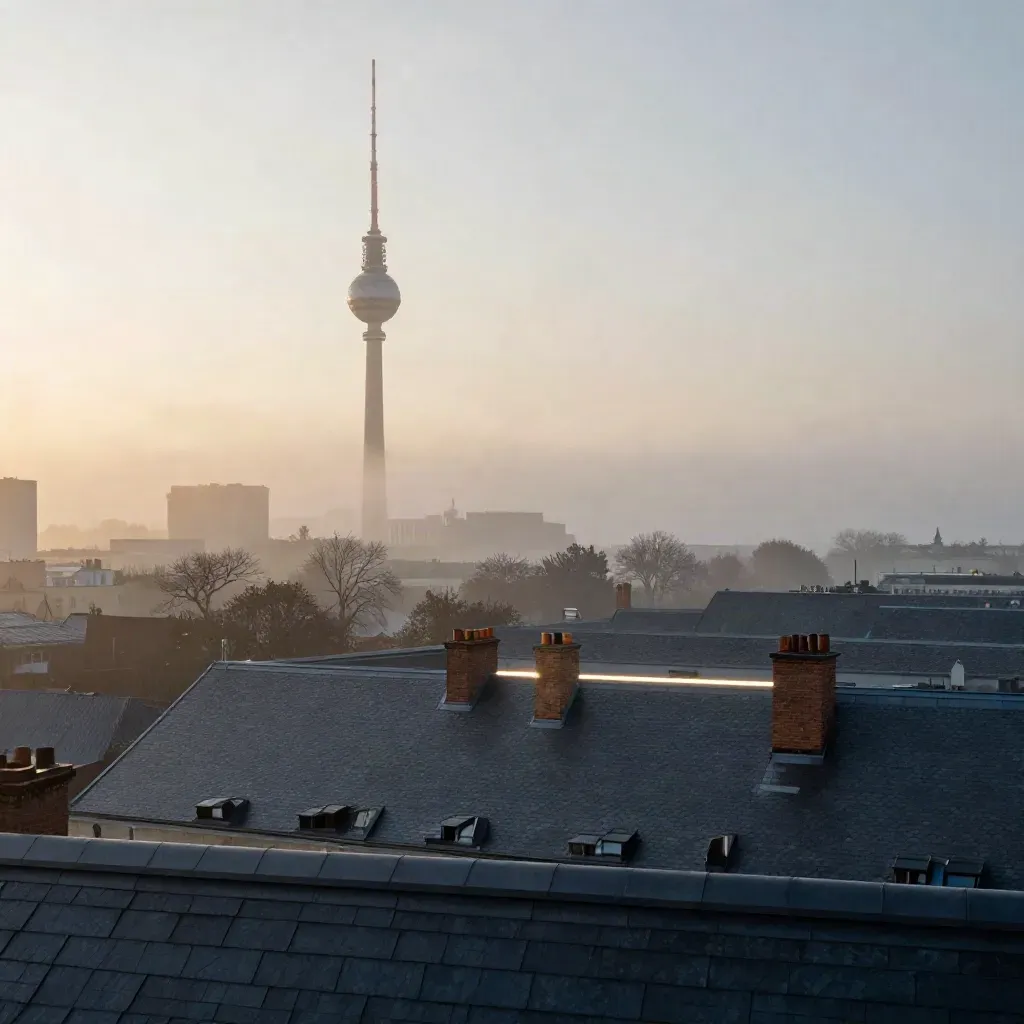Berliner Skyline im Morgengrauen mit Fernsehturm über Dächern und Bäumen