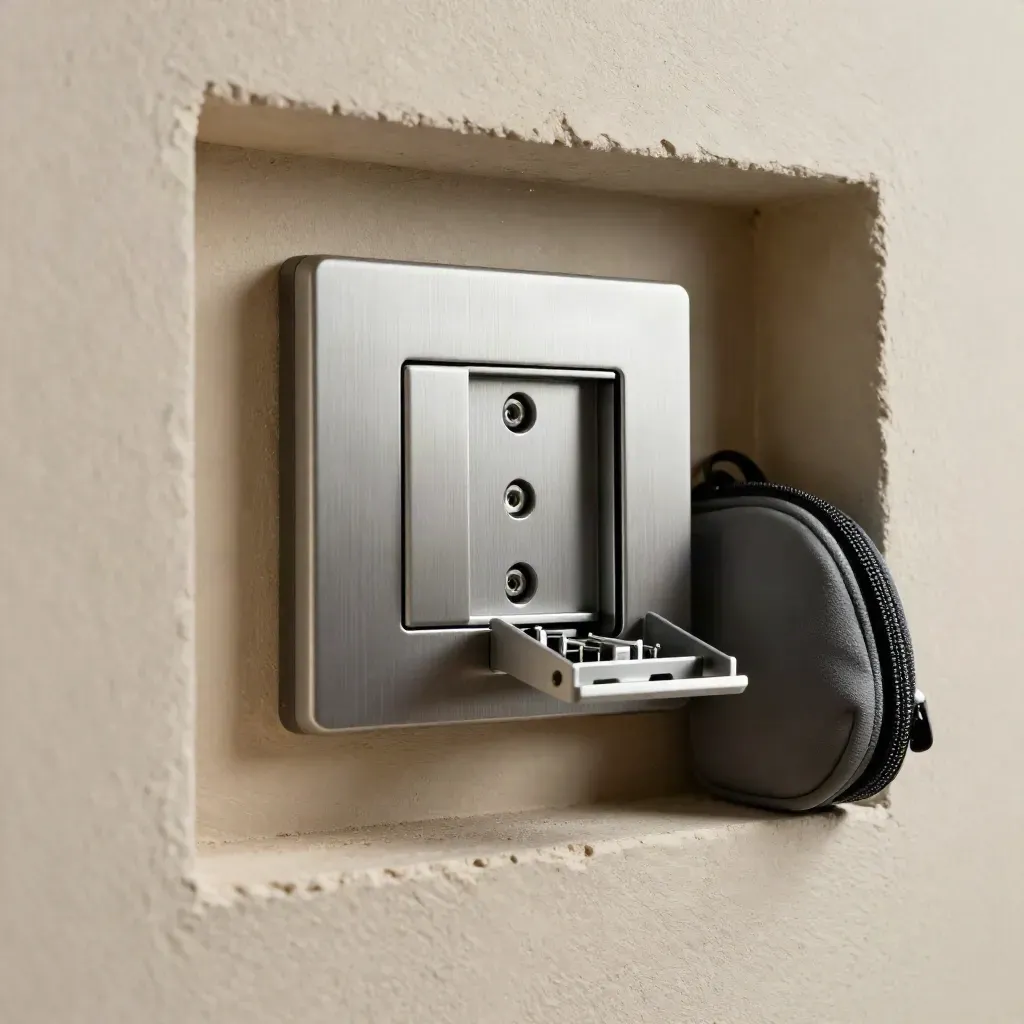 Smart-Home-Schalter und Sensor im Montageschacht mit Werkzeugbeutel und Schraubbox