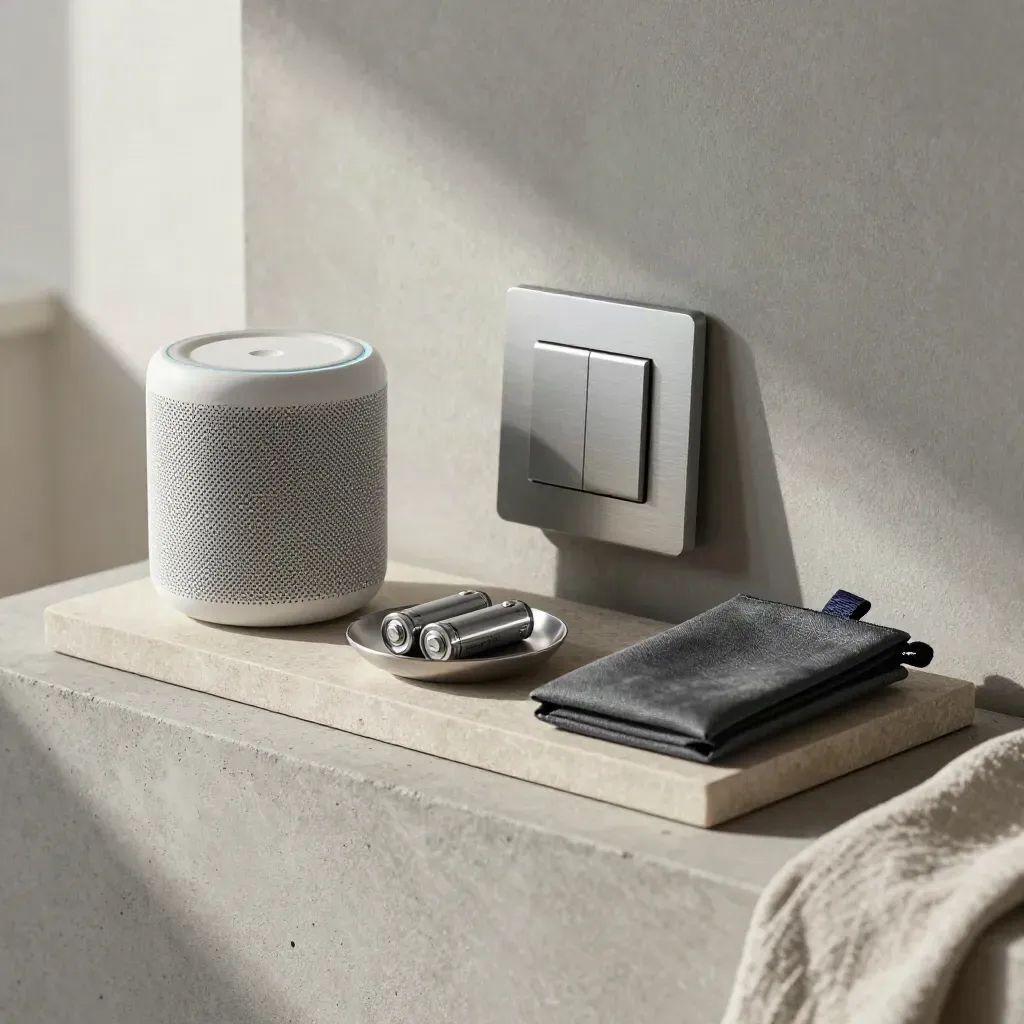 Smart Speaker, Schaltmodul, Batterien und Support-Pouch auf einer Steinkonsole.