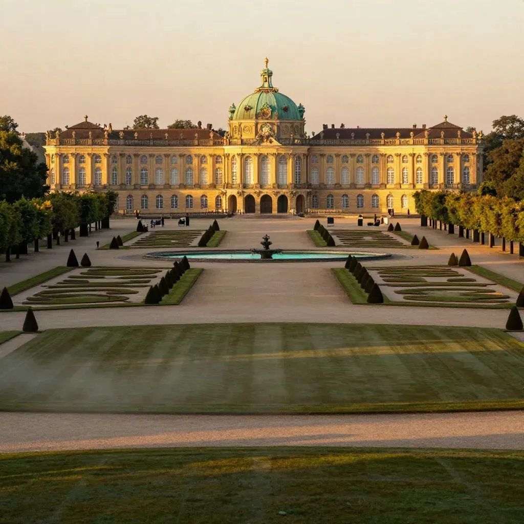 Sanssouci-Palast über ruhigen Gartenanlagen im warmen Abendlicht bei Potsdam.