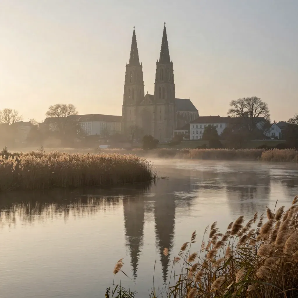 Kathedraltürme über der Havel bei Sonnenuntergang, Schilf und ruhiges Wasser.