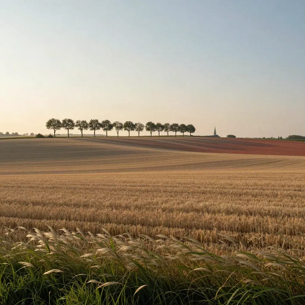 Havelland-Felder mit Pappeln und fernem Kirchturm im warmen Abendlicht